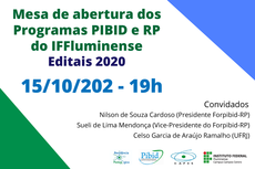 Arte com descrição da mesa de abertura dos programas Pibid e RP a acontecer para participantes no dia 15 de outubro, às 19 horas, de forma virtual. 