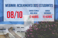 Arte com data, oito de outubro, e horário para acolhida aos estudantes, sendo 17 horas para o Ensino Técnico e 19 horas para o Ensino Superior. 