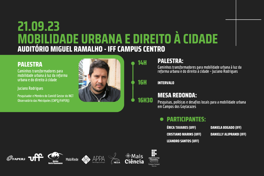 Arte com a data do evento Mobilidade urbana e direito à cidade, dia 21 de setembro, sendo palestra às 14h e mesa redonda às 16h30min (Arte: Matheus de Almeida Pittol/Ascom).