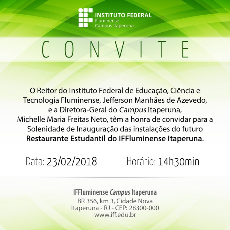 Convite de inauguração do Restaurante Estudantil do Campus Itaperuna