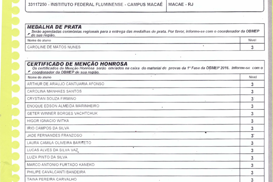 Resultado OBMEP campus Macaé