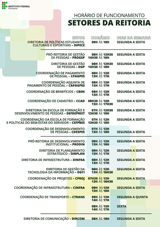 Horário de funcionamento dos setores da Reitoria 