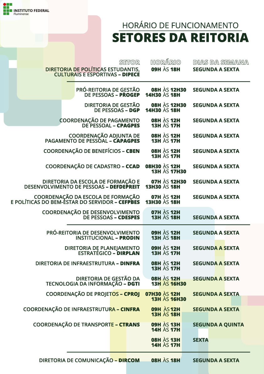 Horário de funcionamento dos setores da Reitoria 